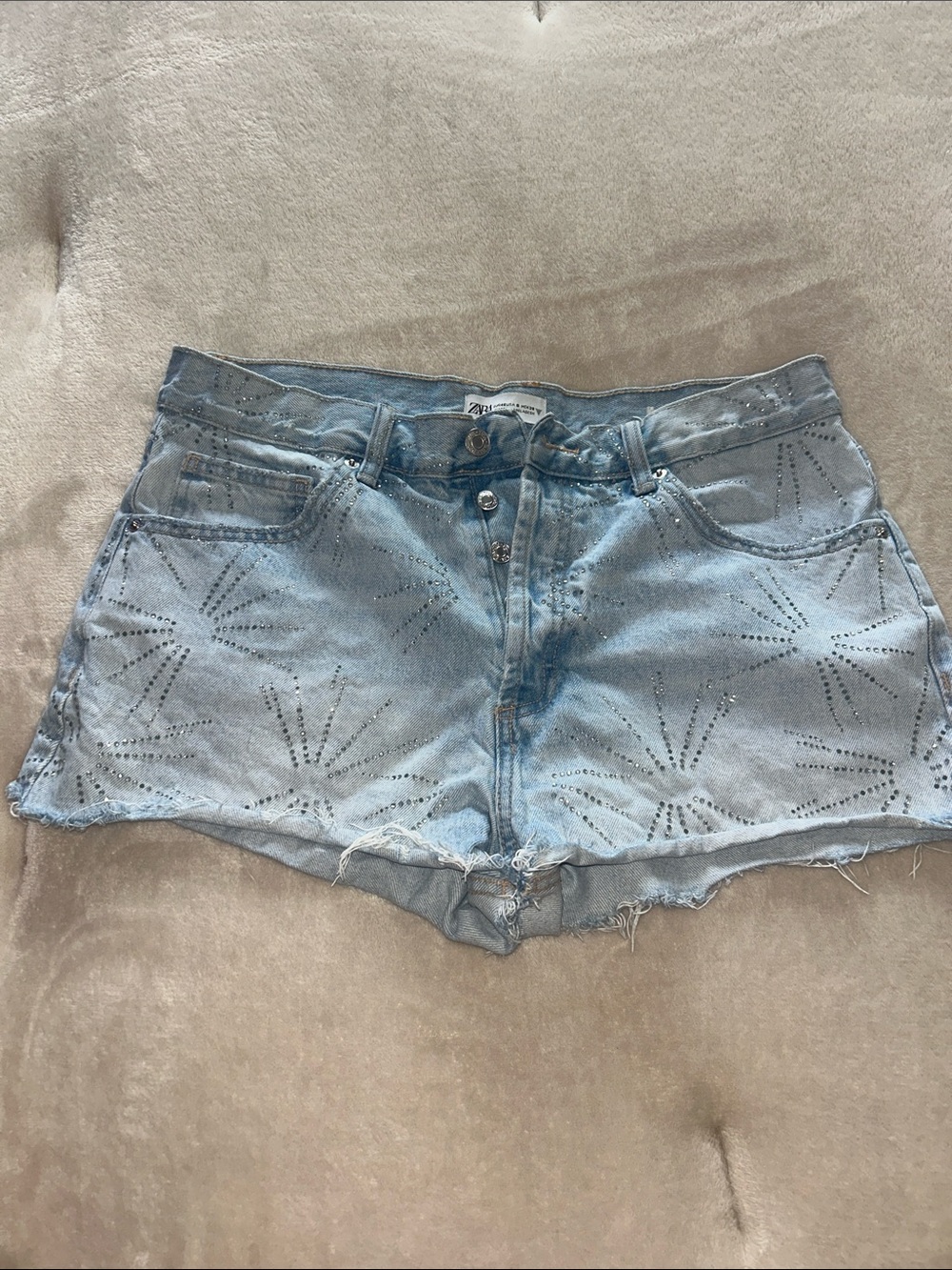 Zara Light Denim Laser-Cut Starburst Jean Shorts